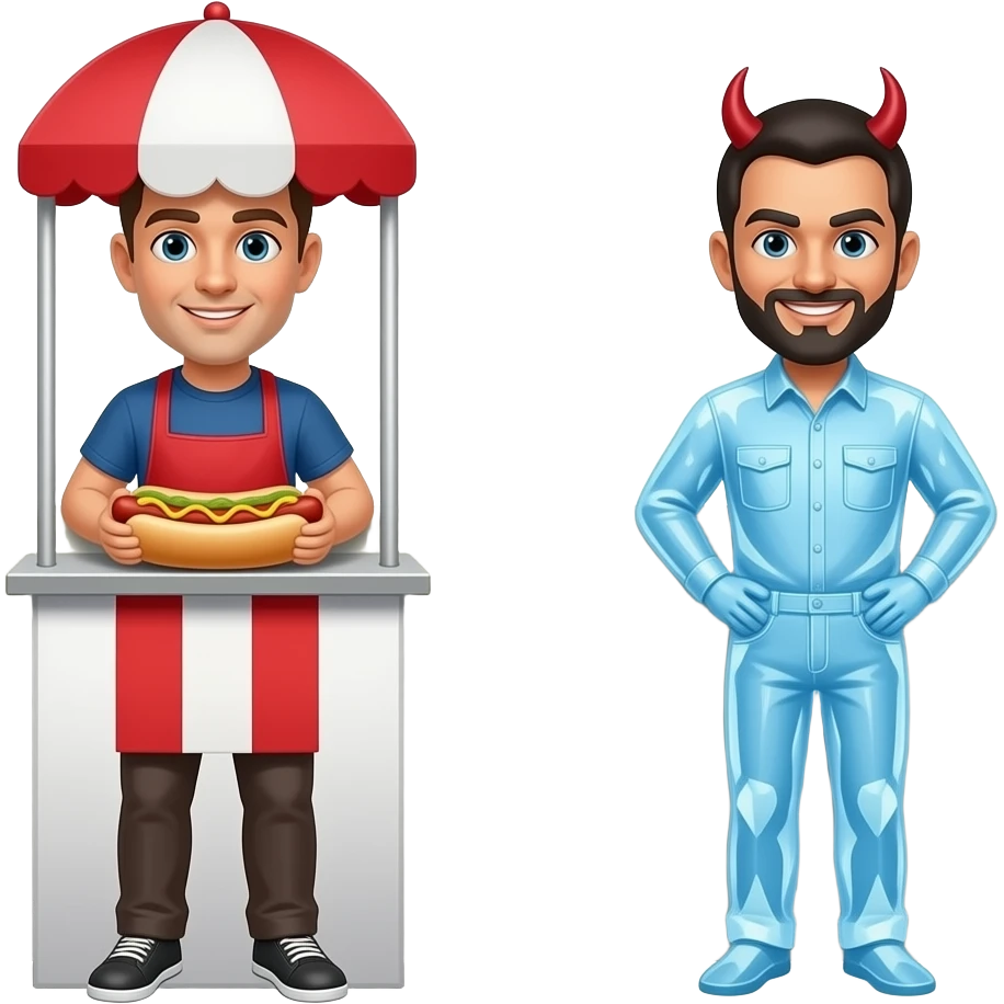 Two people standing on two different sides of a wall. One of the guys is a hot dog seller. The other guy is a ice agent smirking devilishly emoji