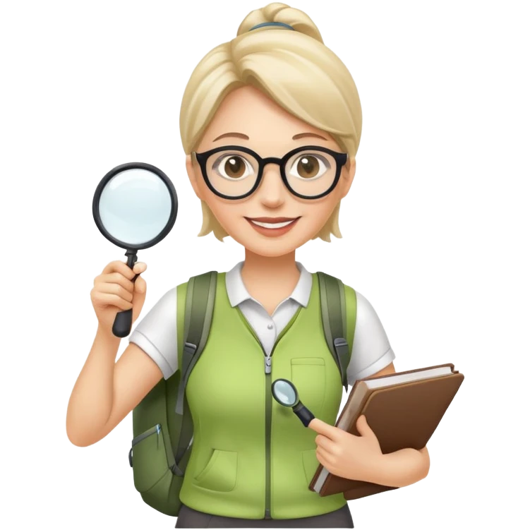 Happy woman in her 40s with glasses, sporty outfit, backpack, holding only one magnifying glass in one hand emoji