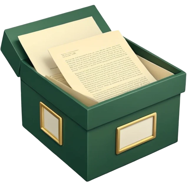 3D minimal open box with papers and documents floating out, matte finish, deep green (#0B3D2C) box, cream (#F5F5DC) papers, gold (#C9B037) subtle glow, Apple style, clean and premium, soft shadow, transparent background emoji