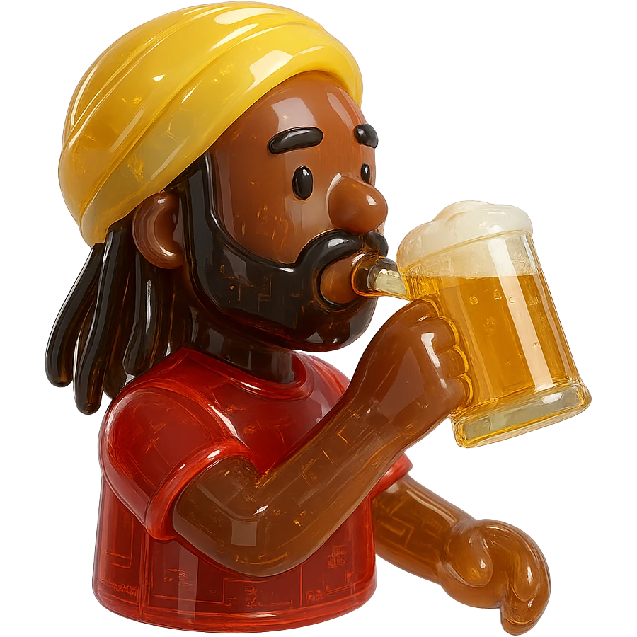 Brownskin man with long brown dreadlocks 
red t-shirt 
yellow turban 
expression is drinking bear emoji