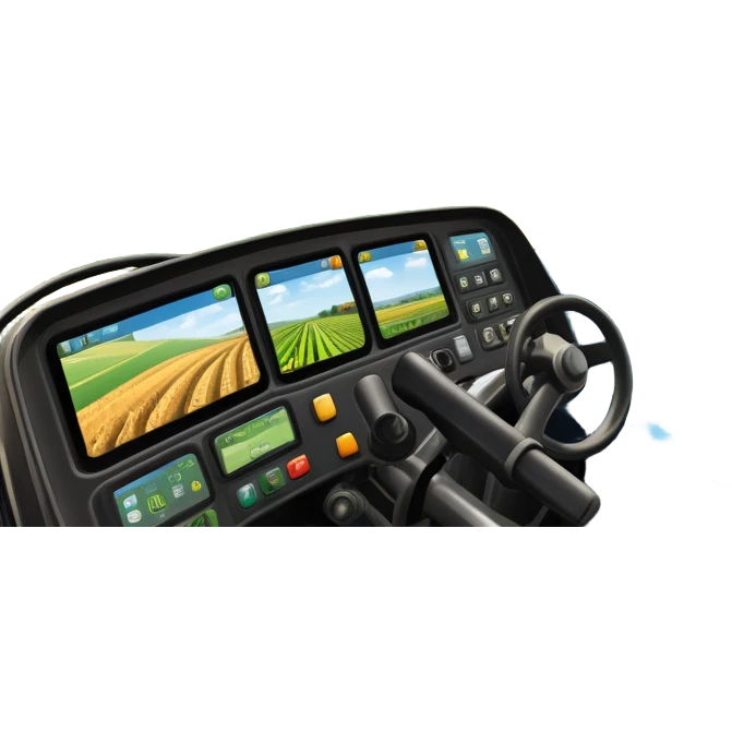 a view from the tractor cabin, with the dashboard in focus, overlooking a vibrant rural landscape. Inspired by Farming Simulator 22, the scene includes fields, crops, and distant barns under a bright sky. The design highlights the immersive experience of farm management. transparent background emoji