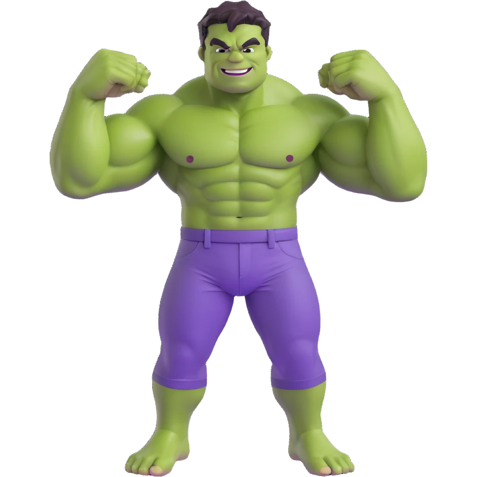 Hulk, green skin, big muscles, smiling, purple pants, 3D emoji style emoji