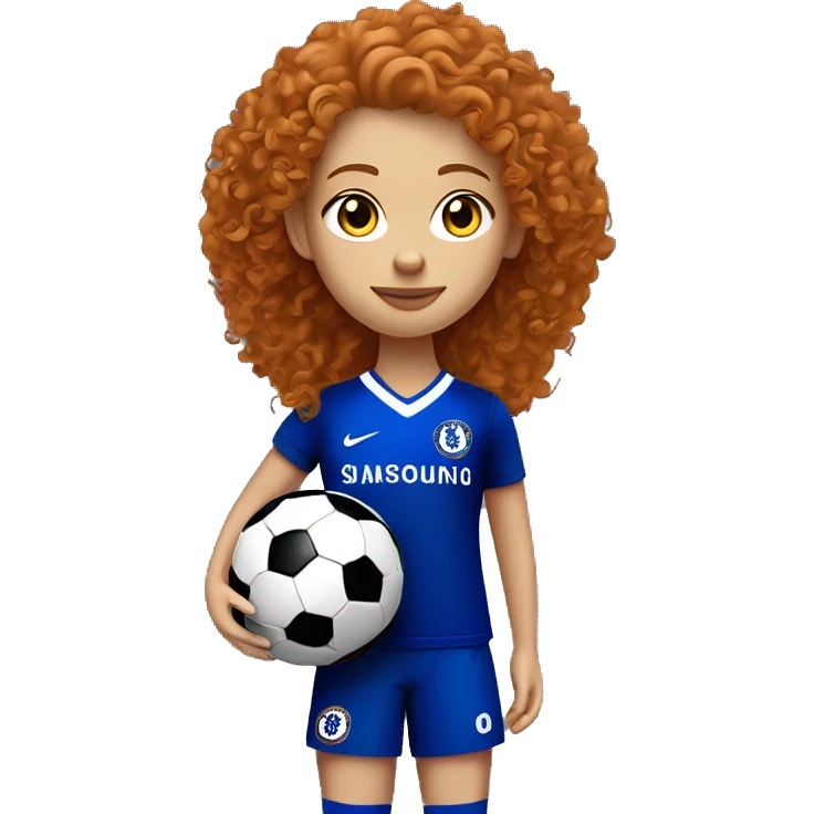 ginger curly hair girl with blue eyes, with football and red and black nike football boots with a football in hand, while wearing a chelsea kit emoji