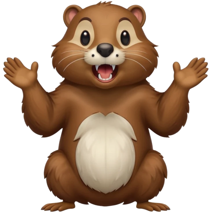  A crazy beaver is standing on its hind legs with its front paws stretched out in front of it. It has a brown fur coat with white fur around its eyes and nose. mouth is open, revealing sharp teeth. More craziness emoji
