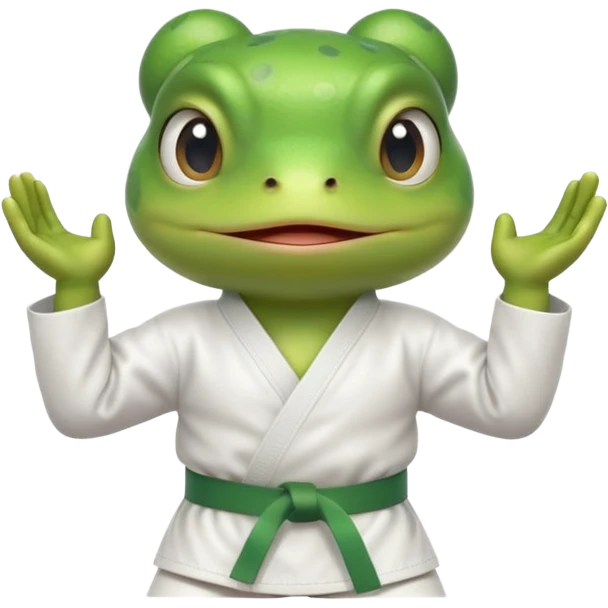 cute frog doing karate portrait, head and shoulders only, wearing white gi uniform, green belt visible, funny serious face, 3D cartoon, mobile game icon style, clean background, no text, no watermark
 emoji
