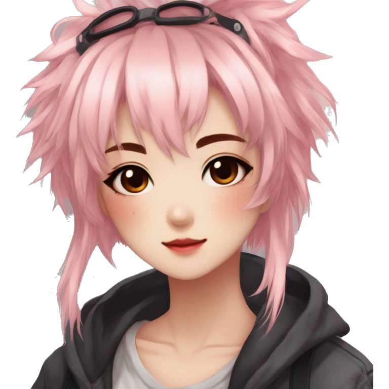 Gorgeous anime style shojo tomboy with blushing face aesthetic and pretty edgy black red punk hair with hair garment trending style emoji