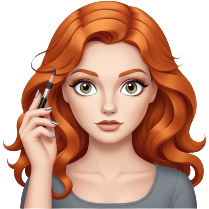 Rousse aux cheveux très très long et ondulé. Yeux gris, make up léger avec contouring prononcé. Nails artist lèvre clair et pulpeuse sourcils epais  emoji
