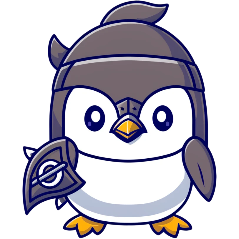 Cute penguin as Norse god Odin with two ravens on shoulders, wearing a Viking helmet and eyepatch emoji
