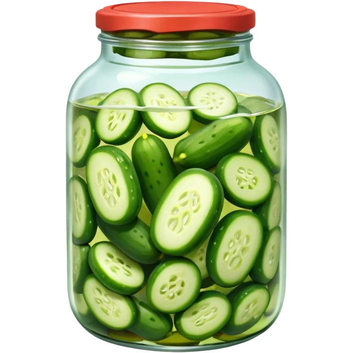 A jar of pickled cucumbers with clear brine and green whole pickles.







 emoji