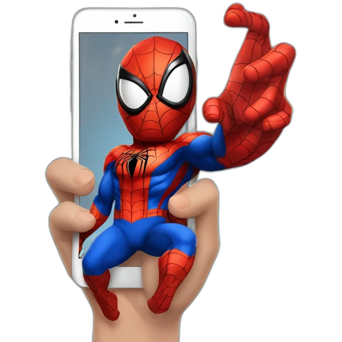 spiderman con il cellulare in mano mentre chatta emoji