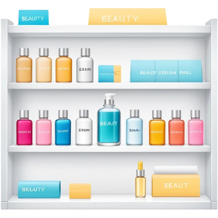big long white shelf with one serum bottle labeled beauty brand and big sticky note next to it emoji