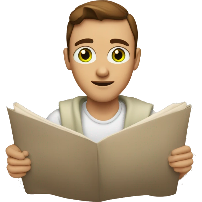 a light-skinned green-eyed man with brown hair sitting in front of the paper scroll  emoji