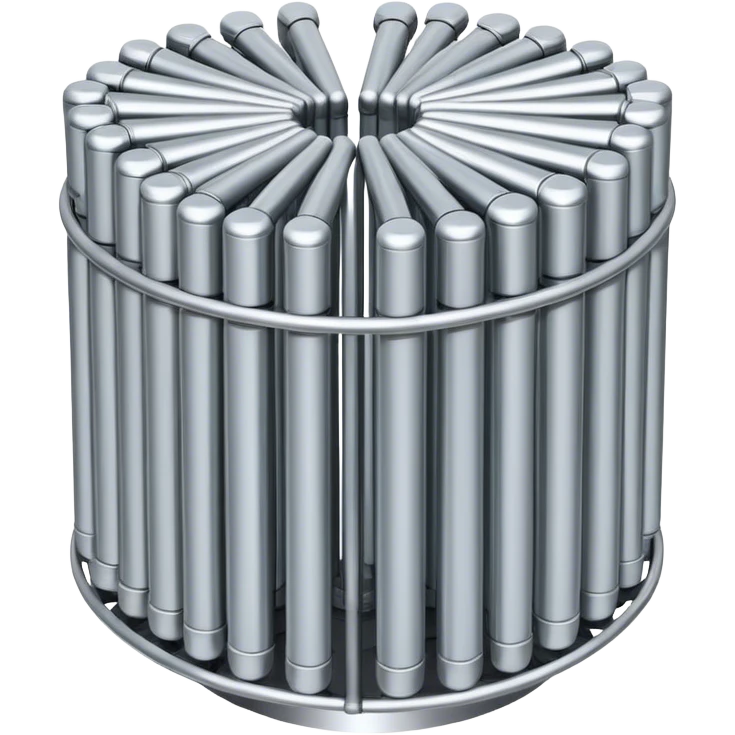 A bundle of thin uranium fuel rods used in a nuclear reactor, with a metallic silver or gray structure, cylindrical and slender rods, arranged in a hexagonal grid, realistic and industrial style, no green color, only metallic shades emoji