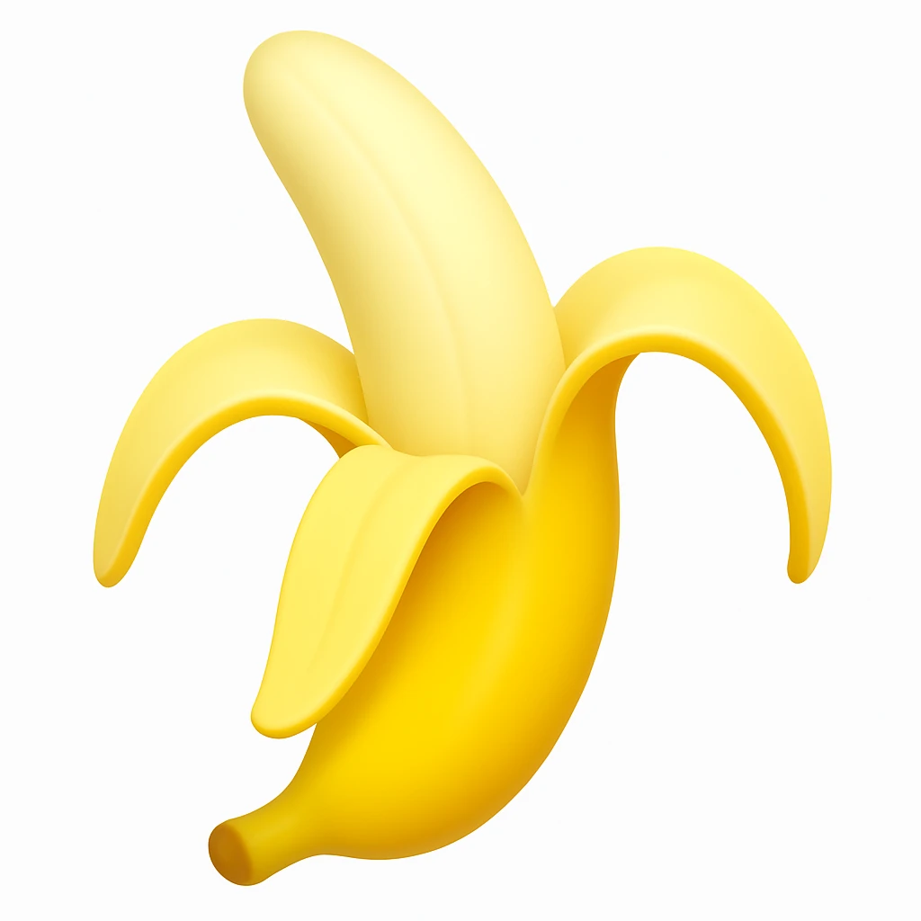 Make a banana emoji exactly like the reference image, in iOS emoji style. Peeled banana, realistic shape, bright yellow, smooth and shiny. Add a subtle highlight. The style should resemble the iOS emoji style. emoji