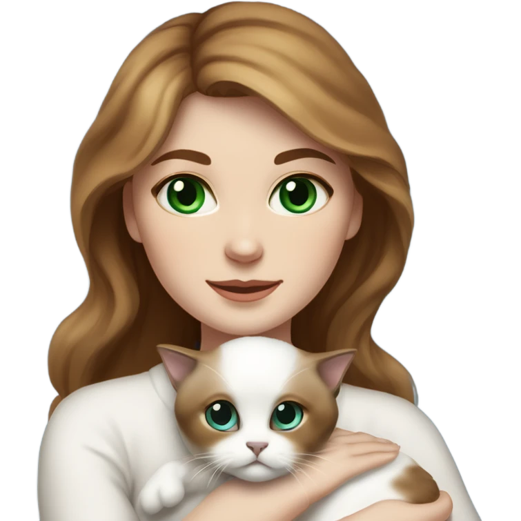 white woman with medium-length brown hair, green eyes and brown freckles on the face under the eyes, holding her sacre de birmanie kitten in her arms with much love, the baby cat has blue eyes, a lot of dark areas on ears and middle of the face. blue eyes emoji