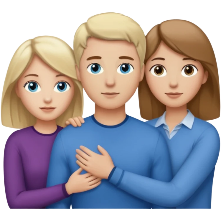 3 people. Throuple. Blank woman with blond hair and blue eye color on left. And also a blank man with brown hair and grey eye color in the middle. And a blank woman with brown hair and grey eye color on the right. Holding each other emoji