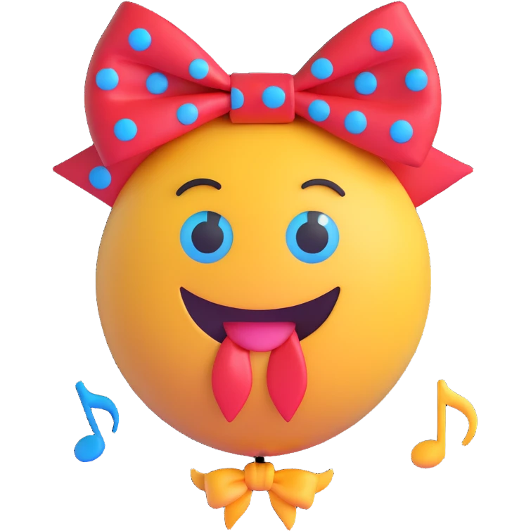 3D smiley emoji, large eyelashes, red polka dot bow, overwhelmed, downward looking eyes, blue eyes, musical notes emoji