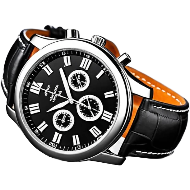 Чёрные наручные часы, у которых виден только циферблат и ремешок спереди, на чорном фоне emoji