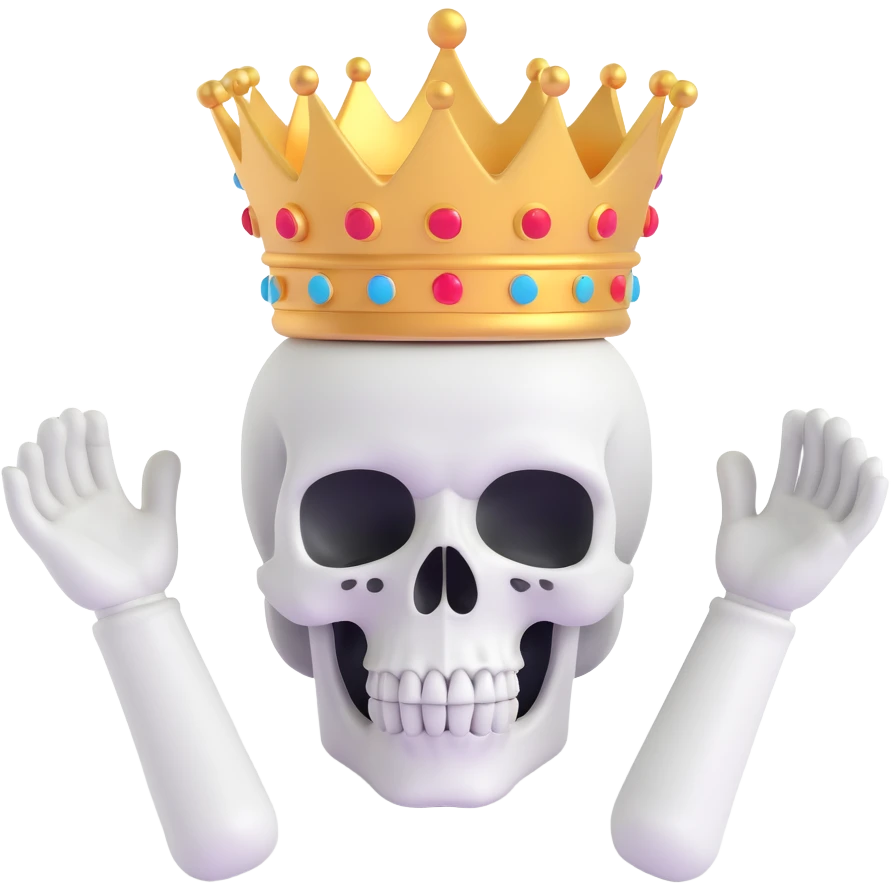 A shocked skull with a crown on top, both hands raised pressing on its head in disbelief, black and white emoji
