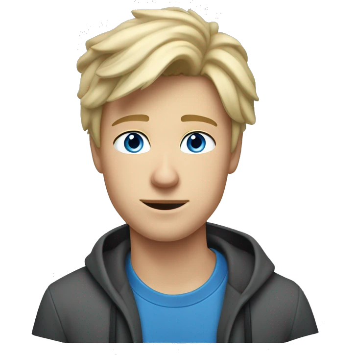 A boy with fair skin, blue eyes, slim build, 21 years old, blond tousled hair, sitting at a computer, an iMac. emoji