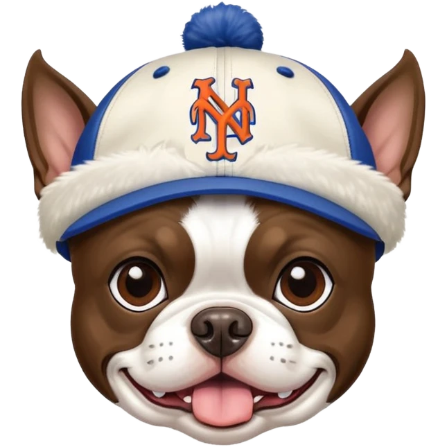 Brown Boston terrier wearing a New York Mets hat emoji