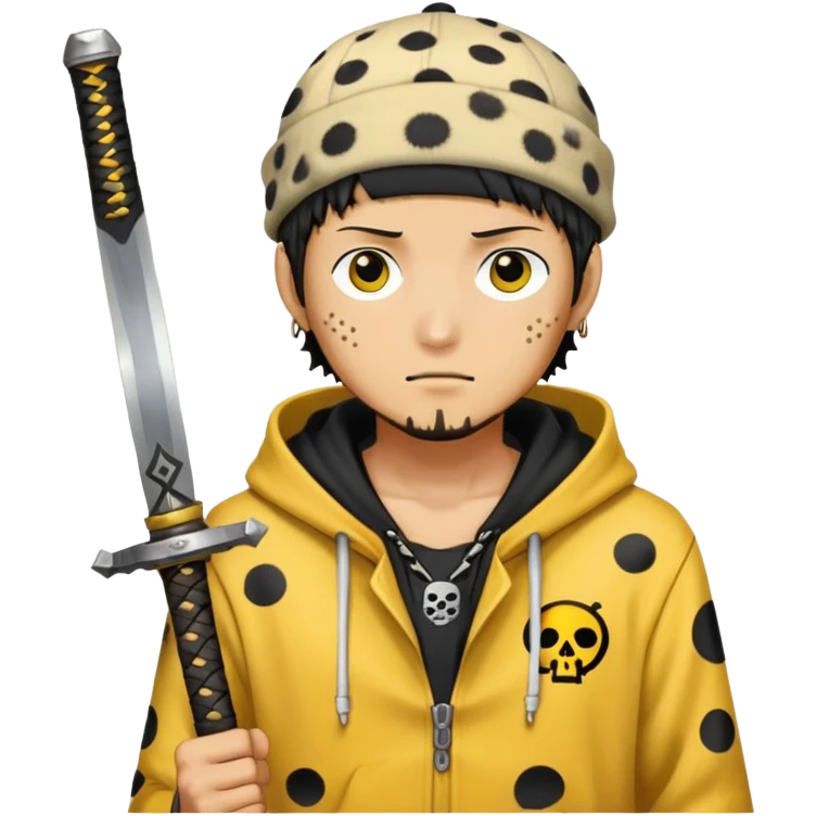 Trafalgar Law with spotted hat, yellow hoodie, nodachi sword emoji