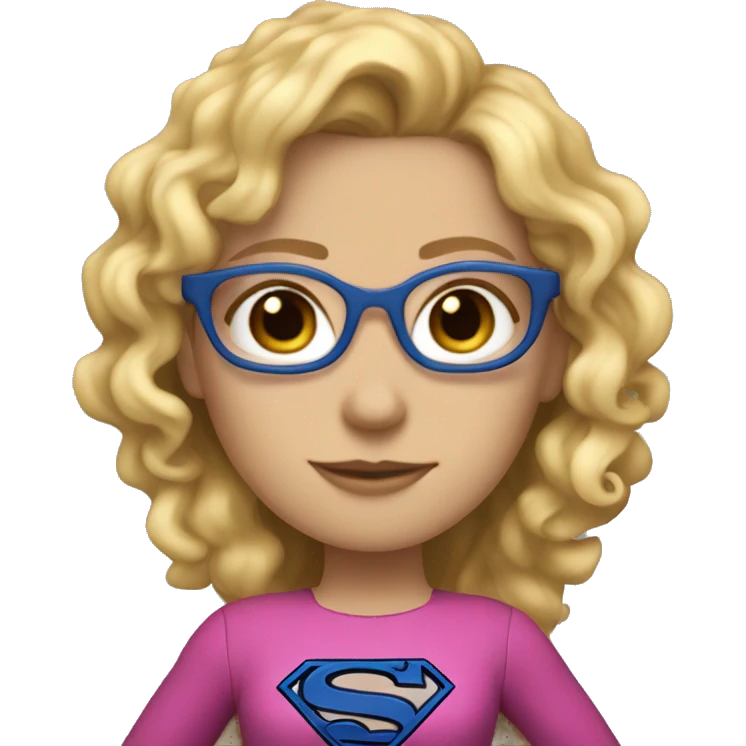 Caucasian Supergirl upper body curly long blonde hair and glasses with an "S" in the chest emoji