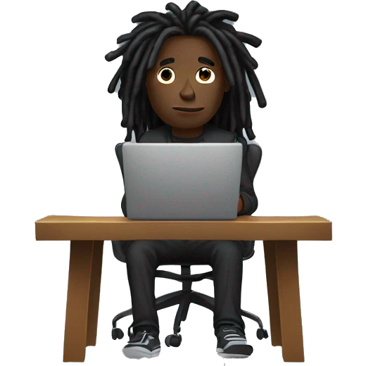 Black-guy-with-dreads-wearing-black-trackstuit-sitting-down-on-chair facing-foward-focused-on-laptop-computer- emoji