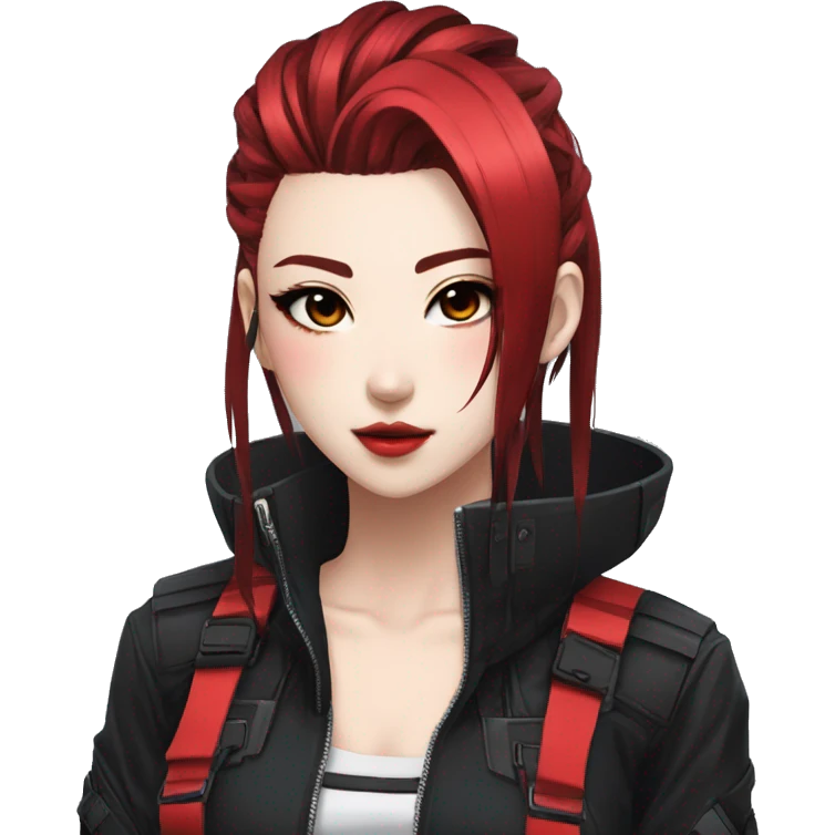 Gorgeous techwear anime style lady with blushing face aesthetic and pretty edgy black red punk hair with hair garment and collar  and harness trending style emoji