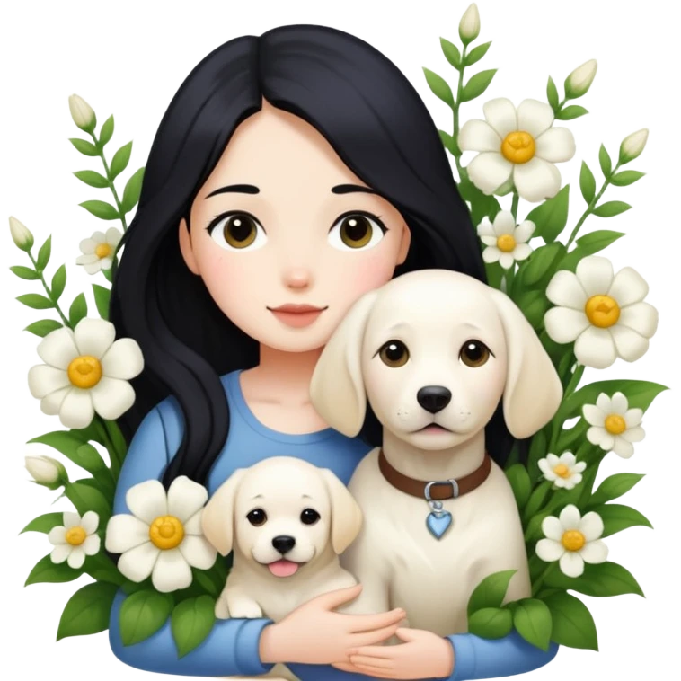 A girl with long black hair is holding a white Labrador in the flowers emoji