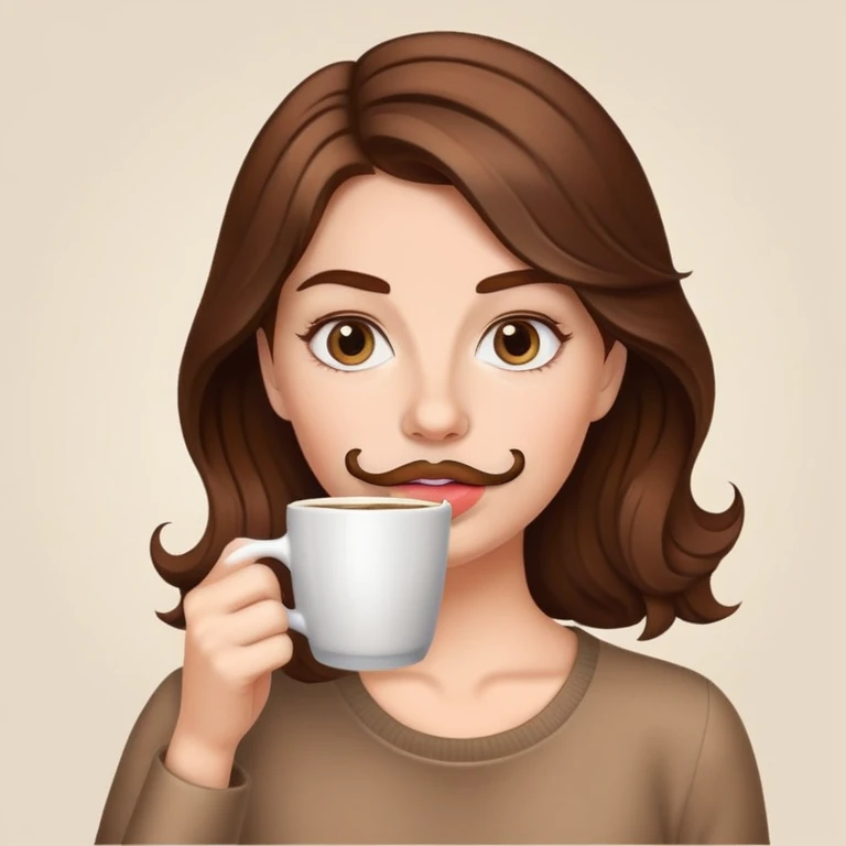 Mujer pelo marrón bebiendo café dejando un bigote de espuma en los labios  emoji