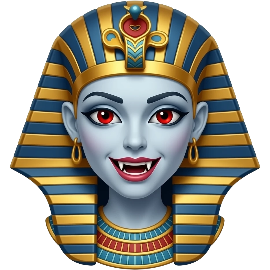 female Ancient Egyptian Vampire with visible big fangs, red eyes emoji