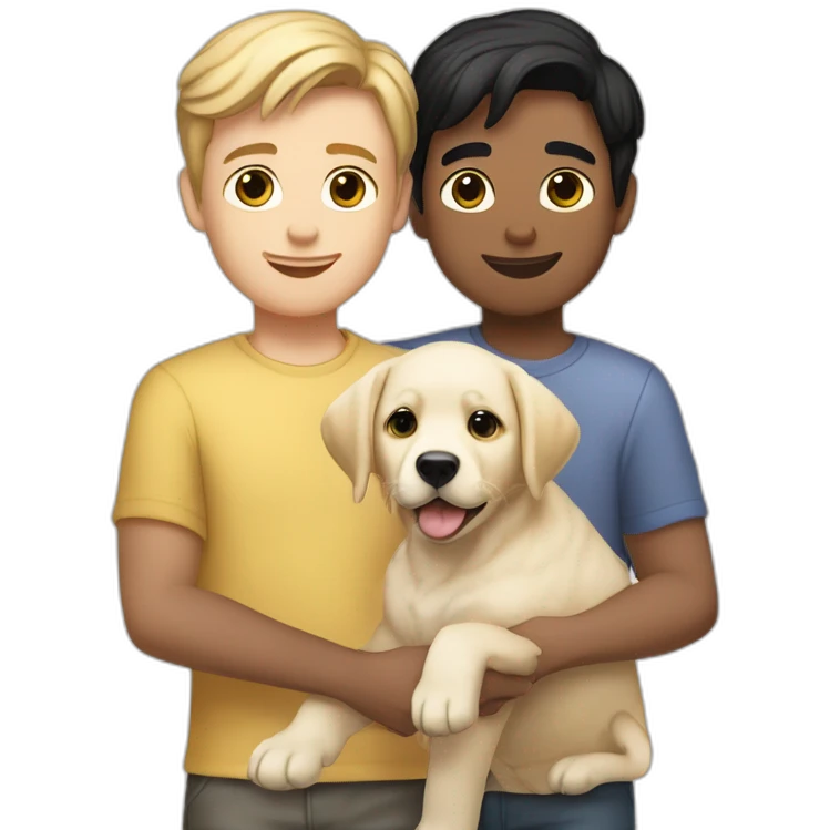gay-couple,-1-guy-straight-blackhair australian-and-1-australian-white-guy-with-blackhair-slightly-curly-holding one light yellow labrador retriever puppy one labrador retriever puppy emoji