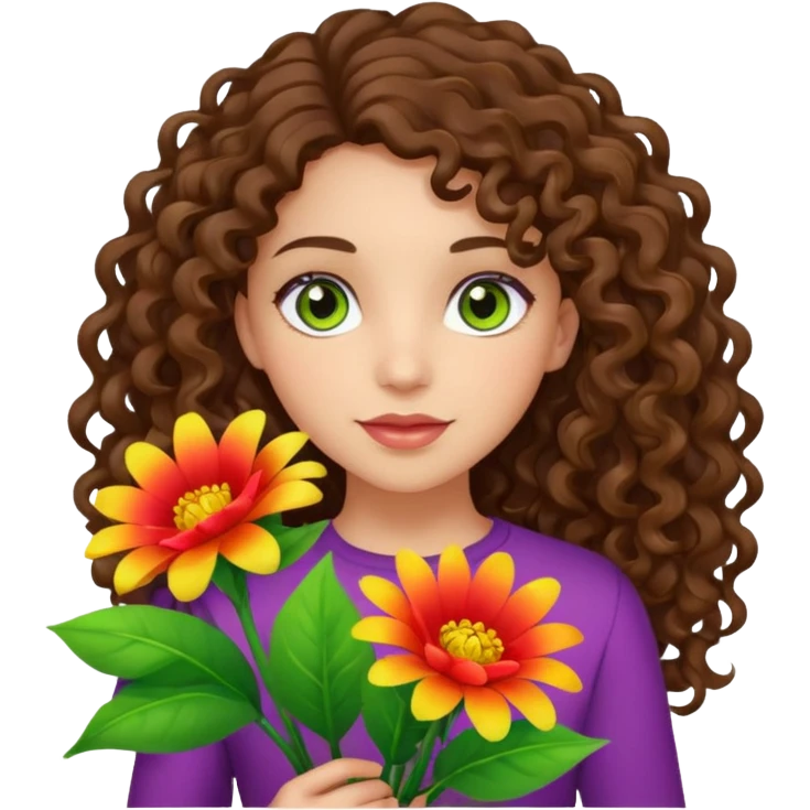 light skinned brunette long curly haired girl with green/hazel eyes holding big bright bunch of flowers. White background. emoji