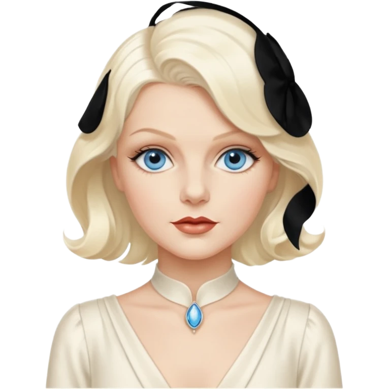 Jean Harlow with blue eyes, platinum blonde hair, ivory outfit emoji