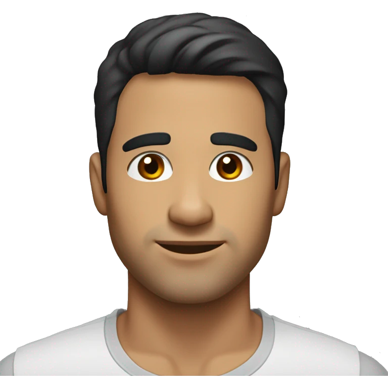 A head and shoulders shot of a 32 year old hispanic man, with short black hair,   with brown eyes wearing a t-shirt. emoji