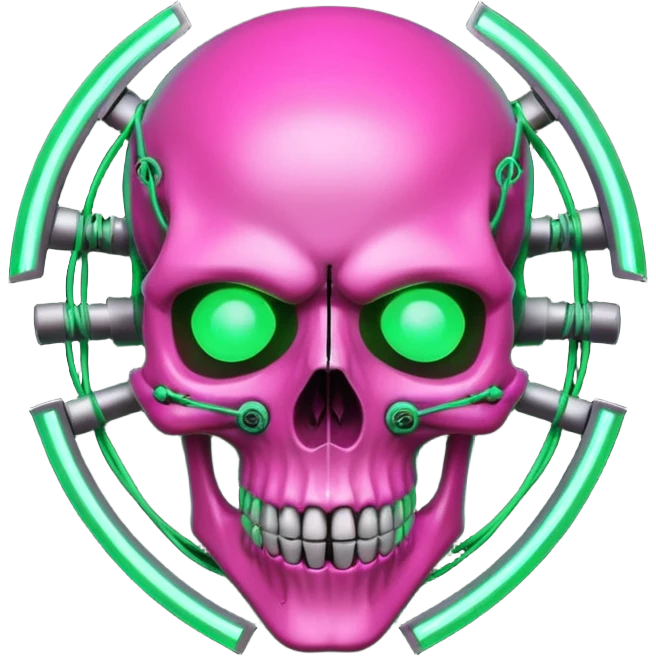 Cyberpunk shield, skull with cybernetic implants, glowing wires, dark electric pink and green tones, no background emoji