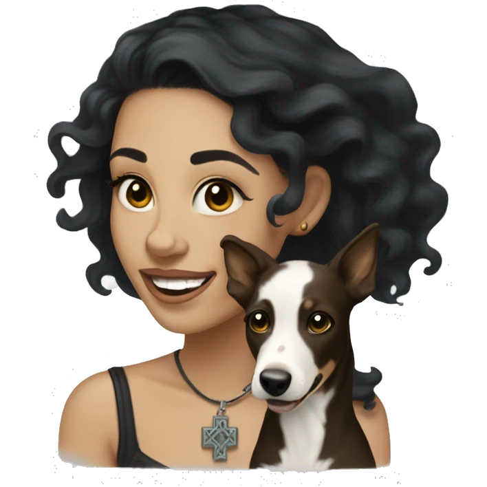 light skin woman with a face tattoo of a small cross near her eye and long wavy black hair expressing joy alongide a white and brown miniature kelpie emoji