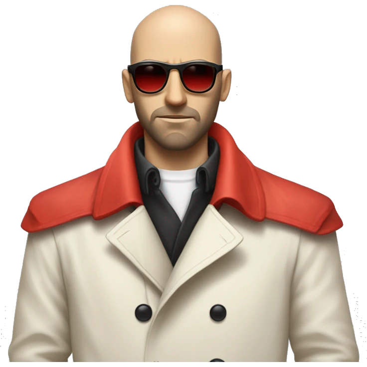 <excerpt>
A white man with real buzz cut Black hair, beard stubble donning small red tinted sun glasses in a dirty white trench coat, is serious.
</excerpt> emoji