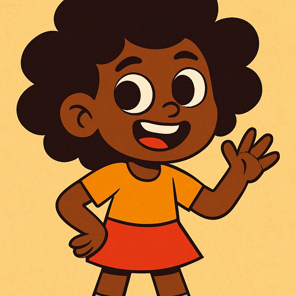 una niña morena de piel con ojos marrones y pelo afro, estilo cartoon vibrante emoji