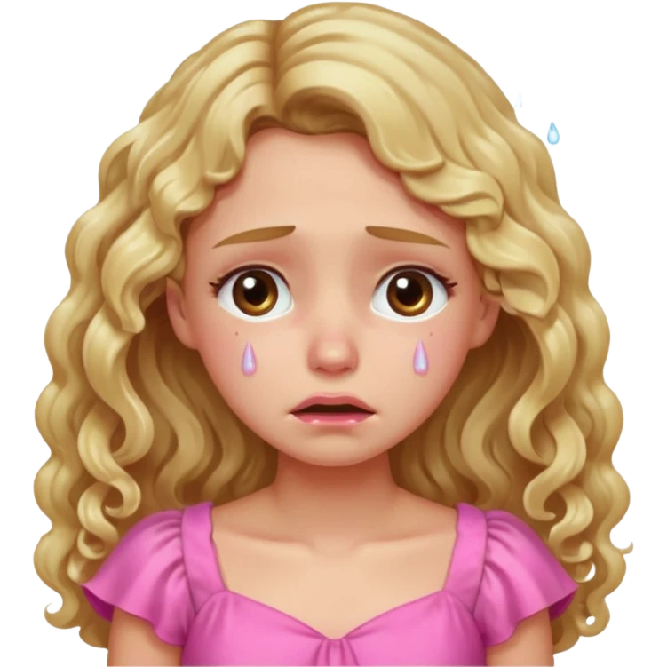 the girl is that crying with tears she has brown eyes and blond long hair curly pink dress  emoji