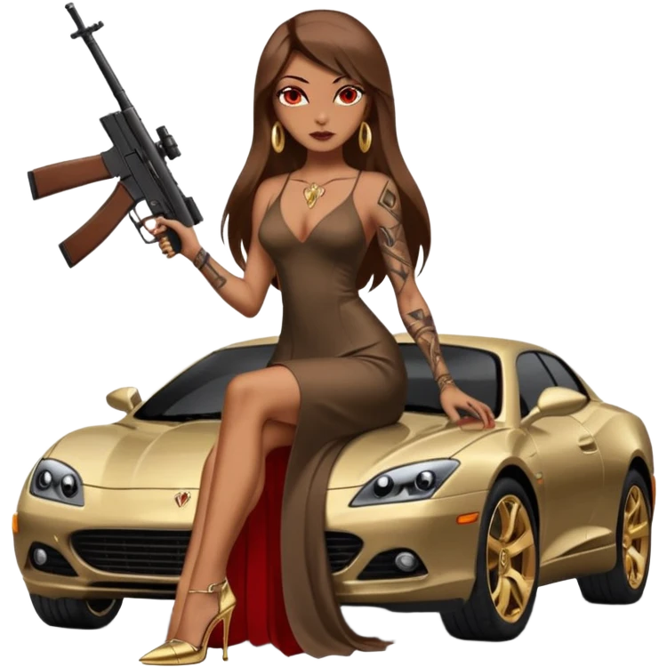 Lilith tan skinfemale red eyes symbol. Tattoo arms. Her hair is brown straight long hair.wearing sexy long sexy dress with slit. black stiletto thick platform high heels shoes on. Sitting on gold giant luxury car with cash inside . She is holding a sniper rifle in one hand cash in other hand emoji