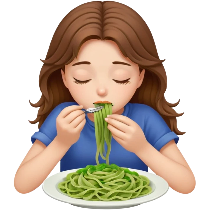 Brown haired girl eating green pasta ￼asleep emoji