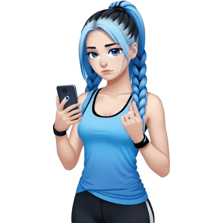 Broken hearted-Female-very very very large chest-texting on a samsung cell phone-very long straight braided black to sky blue hair ombre-blue eyes-black eyeliner-long eyelashes-sky blue low cut tank top with middle finger logo-white leggings-nike high top sneakers emoji