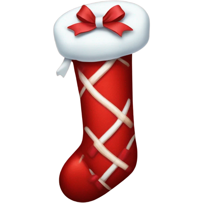 Deep red christmas stocking with a white bow tied on it and a candy cane sticking out of it emoji