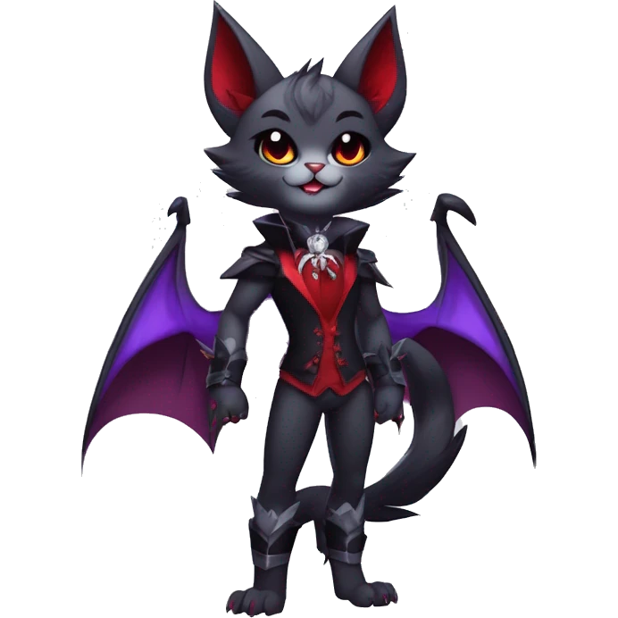 Anthro-Cute-Edgy-Cool-Vampiric-Batty-Cat-Black-Purple-Red-Grey-White-Contrast-Colors-Fantasy-Fur-Sona-Chibi-Shiny-Fakémon-Hybrid with horns and fangs and collar full body emoji