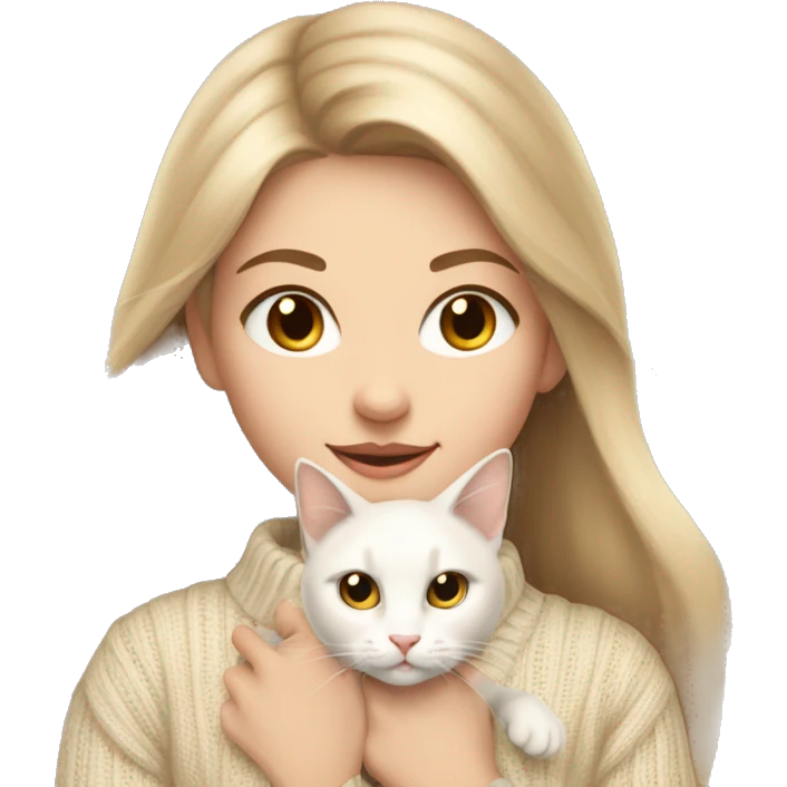 a beautiful girl with long dark blond hair, light eyes, in a beige sweater and with a beige bow holds a white cat in her hands emoji