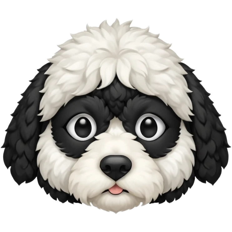 black and white cockapoo - give him a white chest, black ears and black fur covering his eyes, but then a white snout and an upside down white triangle-shaped patch of fur on his forehead emoji