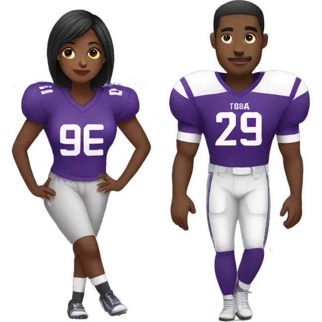 Black couple watching American football in purple jerseys emoji