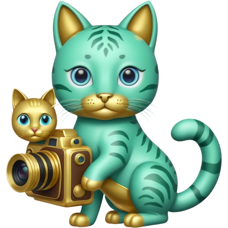 A green cat with blue eyes holds a camera and a gold horse statue  emoji
